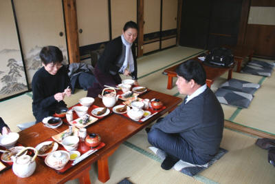 Dining in the traditional Japanese-fashion, on the floor at the inn. 
