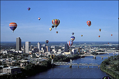 Little Rock skyline during a balloon festival